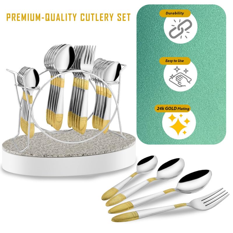 Parage 25 Pieces Ivory Gold Stainless Steel Cutlery Set with Stand (Contains: 6 Table Fork, 6 Table Spoon, 6 Dinner Spoon, 6 Tea Spoon, 1 Cutlery Stand) 24 Karat 24k Golden Plated Spoon Set (Ivory)