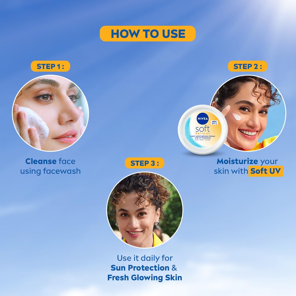 NIVEA Soft Daily SPF 15 Moisturizer | 88% UV Protection | Face & Body Cream for Healthy Glow in 5 Days | No White Cast | Vitamin E & Shea Butter | Lightweight, Quick Absorbing | 72H Hydration | 300ml