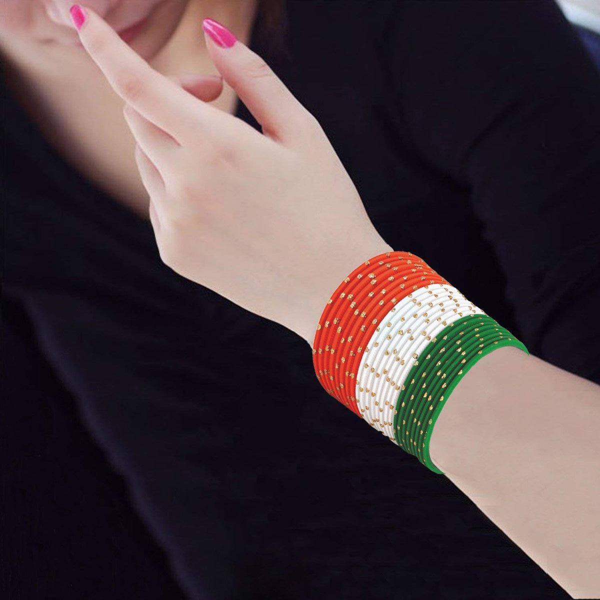 NMII Non-Precious Metal with Polka Dotts with Glossy Finished Tiranga Bangle set for Women and Girls