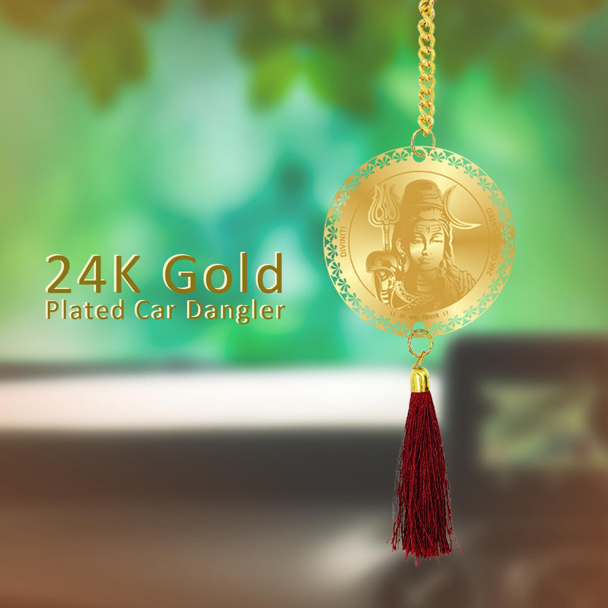 Diviniti 24K Gold Plated Double Sided Lord Shiva and Yantra Car Hanging Dangler|Mahadev Hanging New Car and New House Interior Decor Divine Car Accessories for Positive Energy Protection Safety