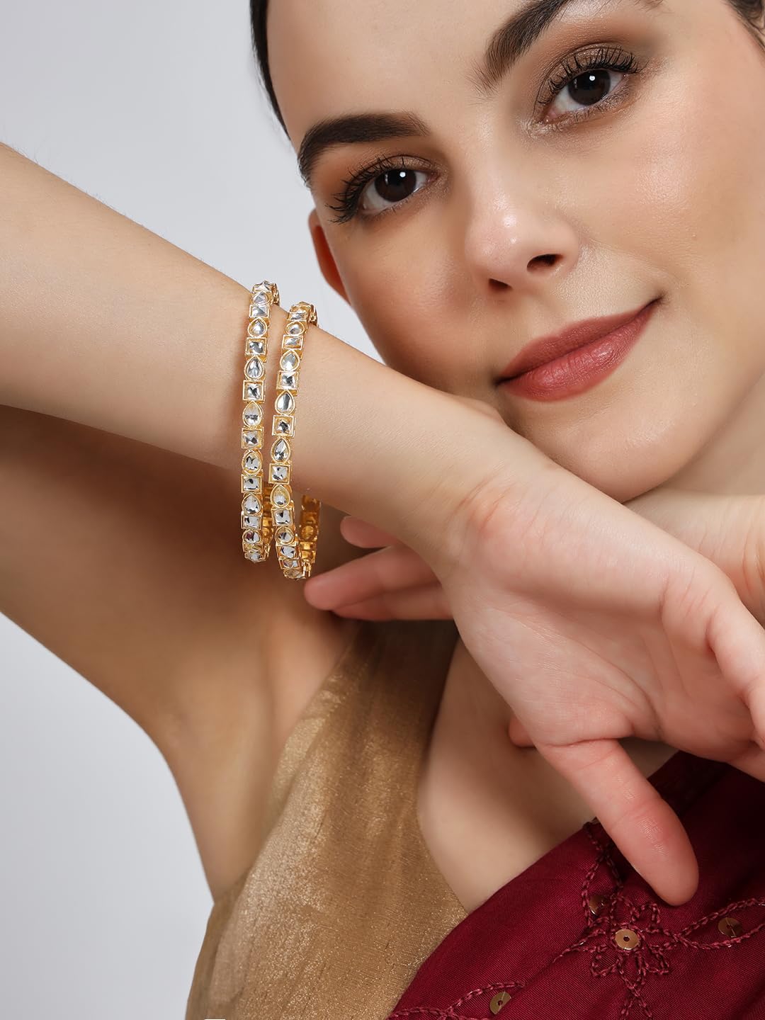 NMII Gold Plated Metal Zircon Diamond & Kundan Stone Bangles For Women & Girls | Traditional Girl's Bangles Bracelet | Premium Women's Bangles Fashion Jewellery | Wedding, Party, Festive- Set of 4