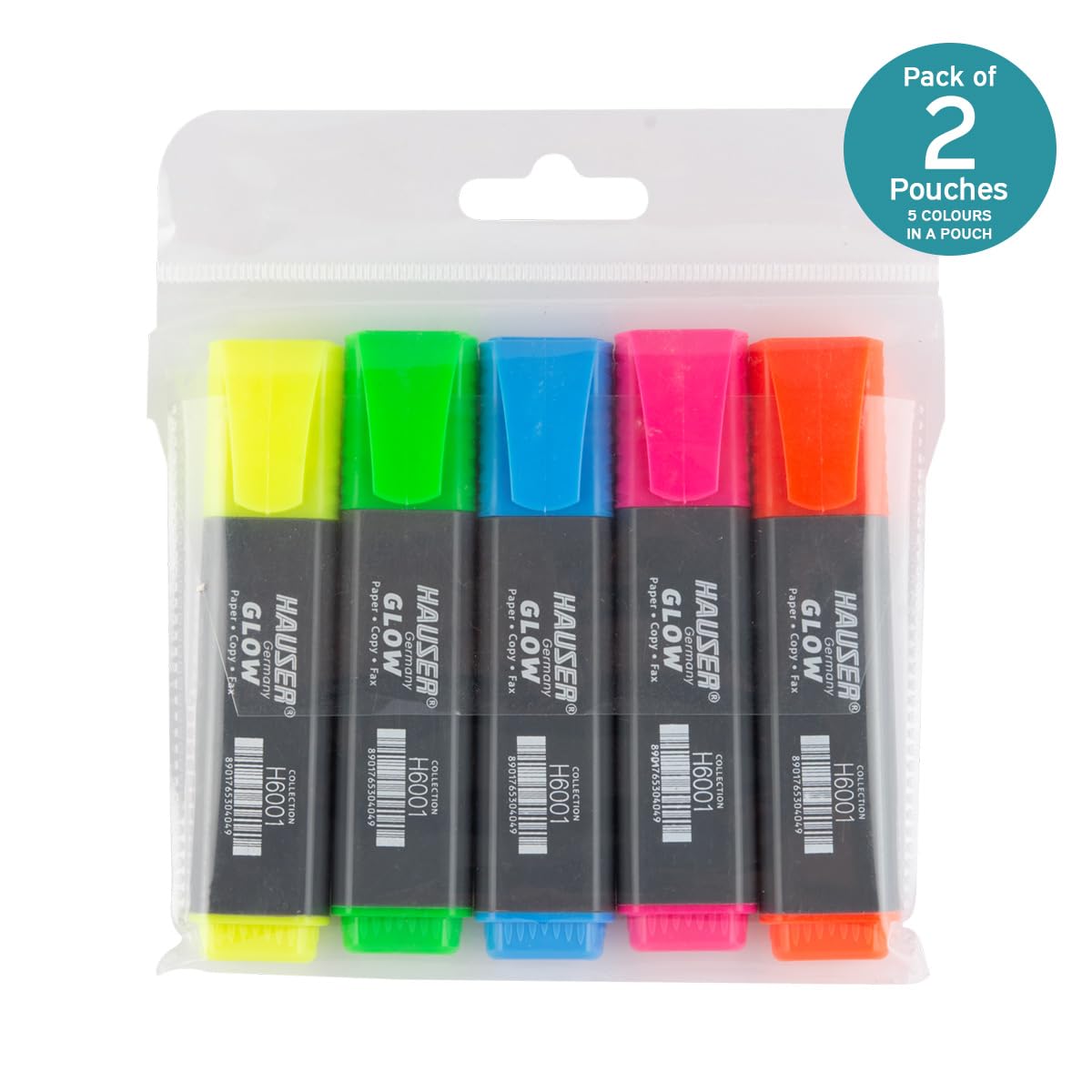 Hauser 5 Shades Glow Highlighter | 2 x Longer Writing Length | Non-Toxic Ink, Safe For Childrens | Ergonomic Grip With Pocket Clip For Comfortable Handling | Multicolor, Pack of 10 Pcs