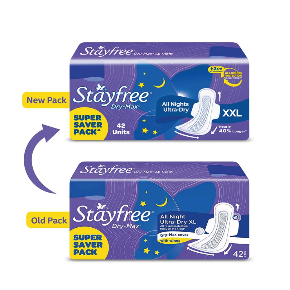 Stayfree Dry Max XXL | All Night XXL Dry Cover Sanitary Pads for Women | Convert Heavy flow into Gel | Odour Control | Absorbs 2x more with wider back | Superior Dry feel | Ultra Thin Pads | 42 Pads