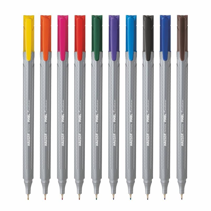 Hauser Germany Pixel Fineliner Pen – Pack of 15 | Triangular Grip Body, Fine Metal Tip | Smooth & Precise Writing | Assorted 10 Vivid Ink Colours for School, Office & Art Use