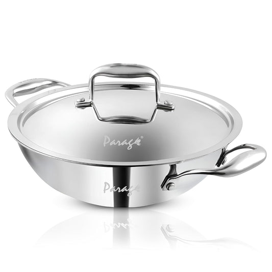 Parage Triply Stainless Steel Kadai with Lid 28 cm, 4 LTR | ISI Certified | Heavy Bottom SAS Triply Kadhai for Deep Frying & Cooking | Tripure | Induction & Gas Stove Compatible | 5 Years Warranty