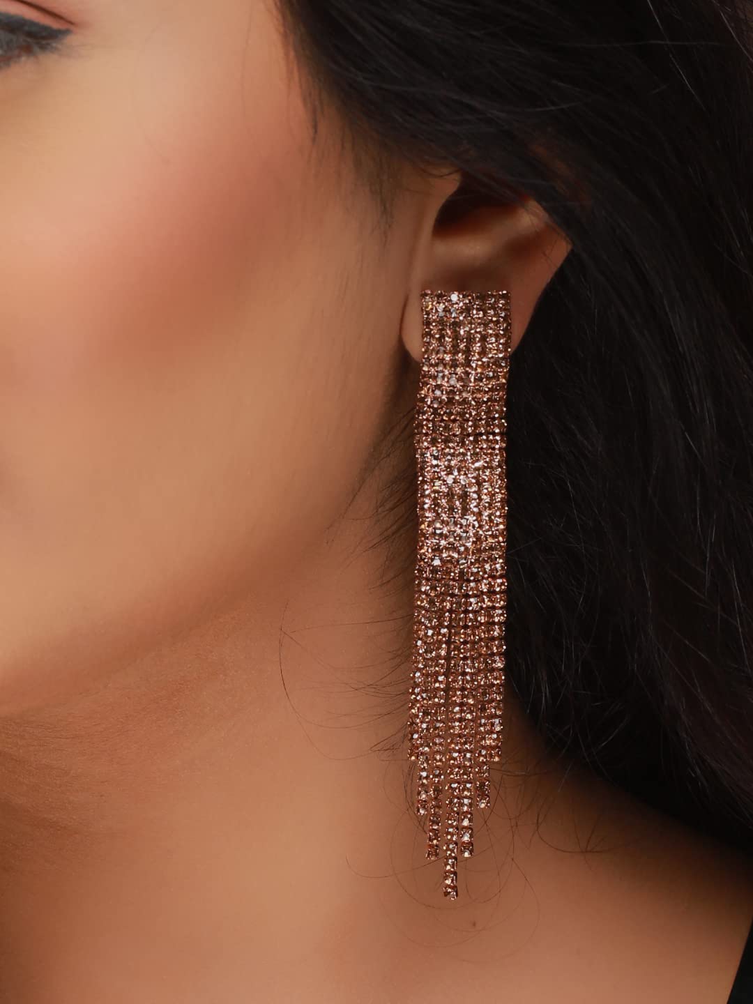 Priyaasi Black Block Tasselled Studded Rose Gold-Plated Drop Earrings