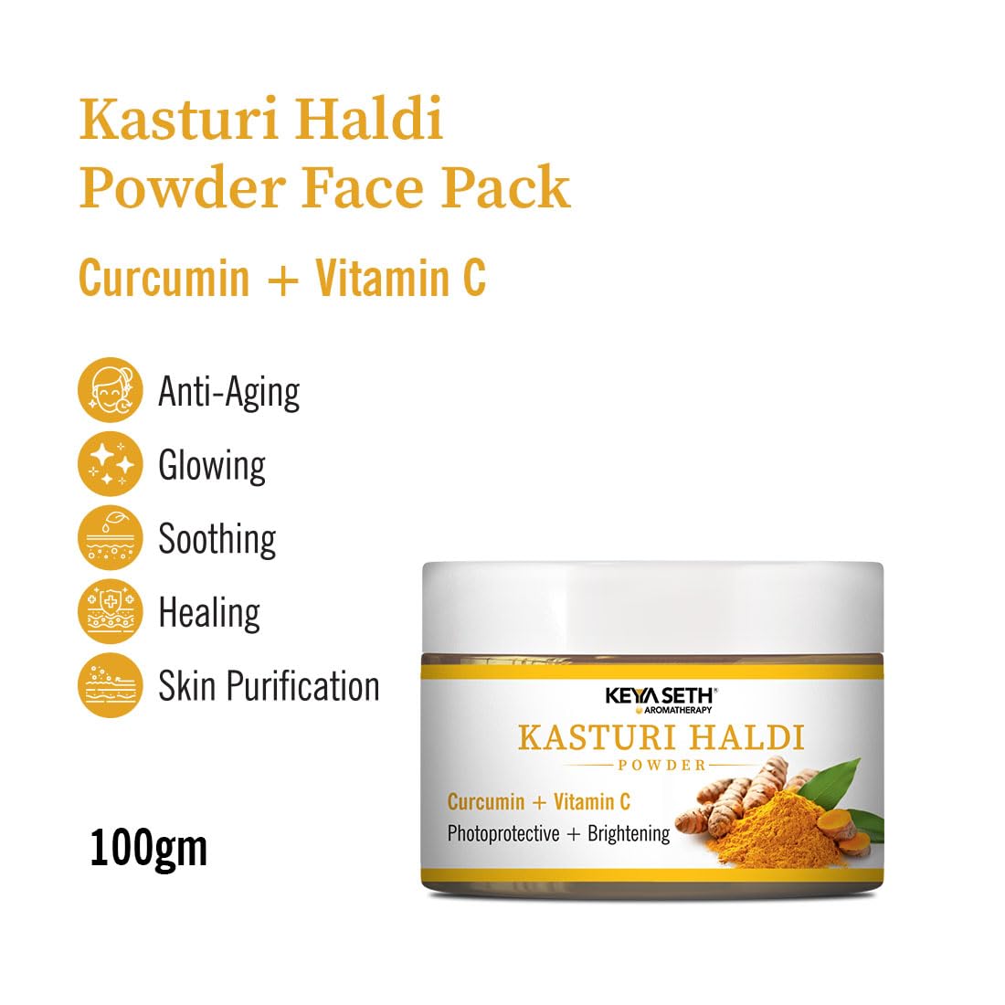 KEYA SETH AROMATHERAPY Kasturi Haldi Powder Face Pack with Curcumin & Vitamin C for Purifying Skin, Anti-Aging, Acne Care & Glowing Skin 75gm
