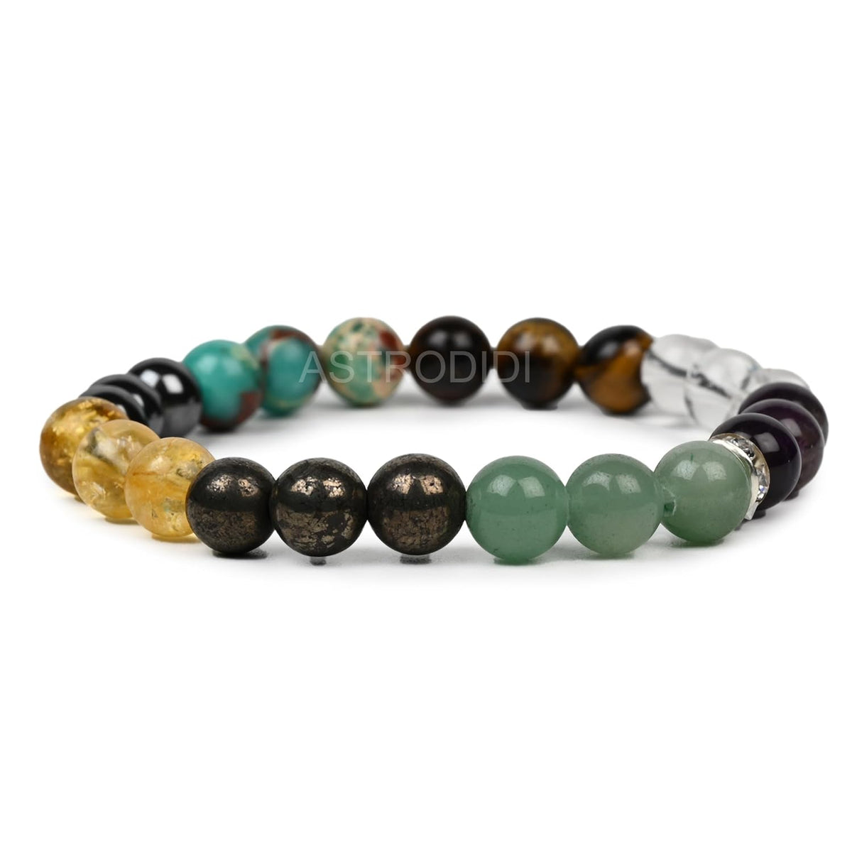 Astrodidi Money Wealth Stone Bracelet for Attracts Wealth & Financial Prosperity | Combination of Crystal Quartz, Tiger Eye, Hematite, Pyrite, Citrine, Green Aventurine and Turquoise Gemstone for Men & Women with Certificate