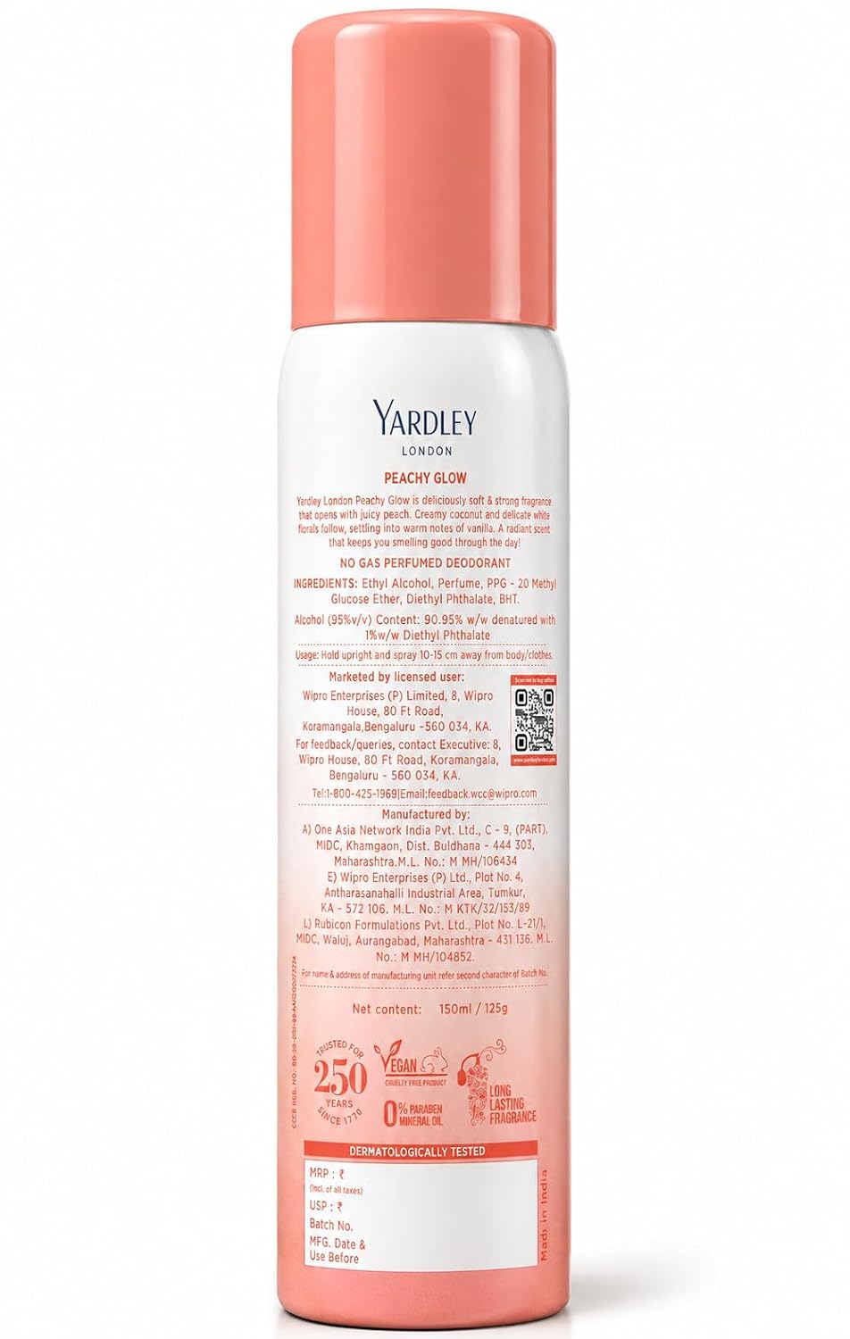 Yardley London Peachy Glow No Gas Perfumed Deodorant | No Gas Deo for Women | 90% Naturally Derived | 800 Sprays | 150ml