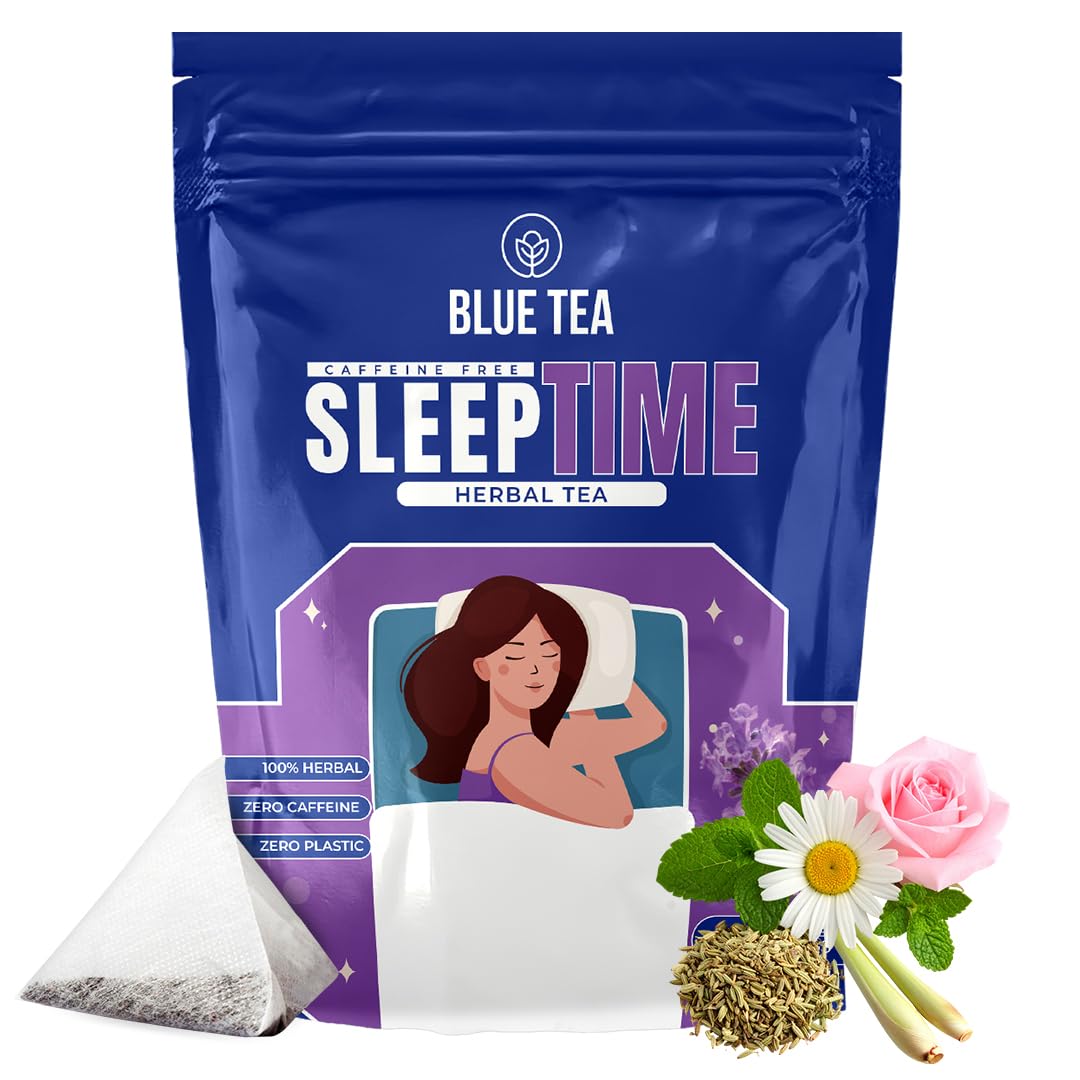 BLUE TEA - Sleep Time Tea - 30 Tea Bags - Plant Based | Helps with Insomnia, Snoring | Supports Deep Relaxation | Caffeine Free | Chamomile, Spearmint, Lemongrass | Ziplock Pack