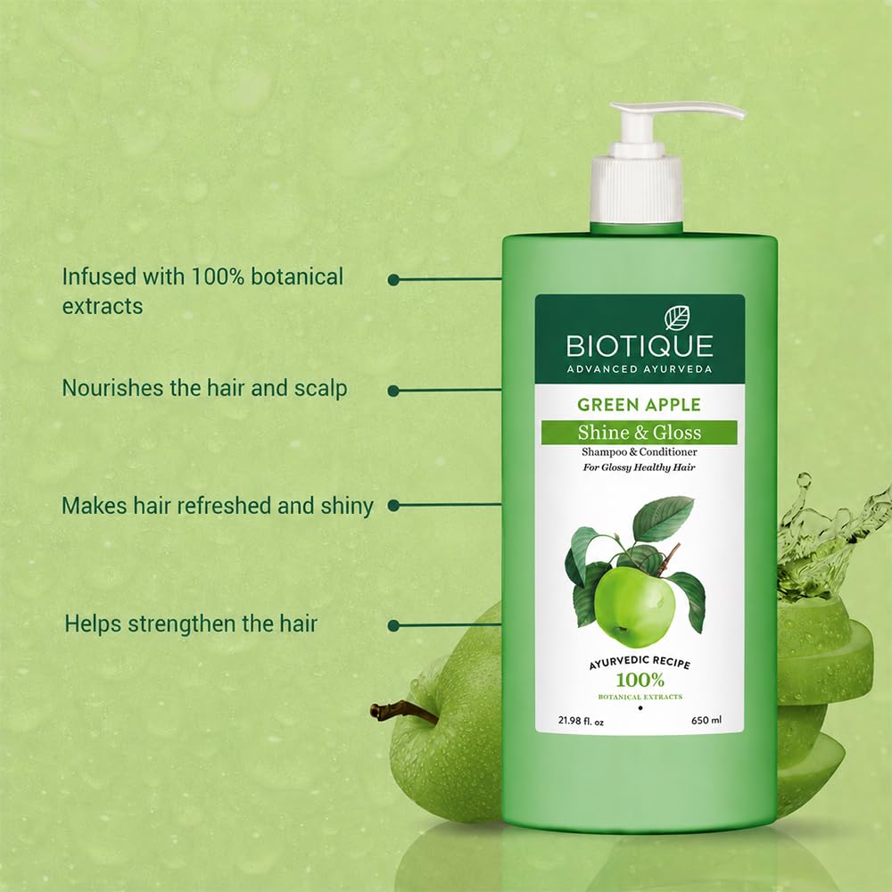 Biotique Green Apple Shine & Gloss Shampoo & Conditioner| Promotes Healthy, Shiny and Glossy Hair | Nourishes Scalp | Makes Hair Soft & Smooth |100% Botanical Extracts| All Skin Types | 650ml