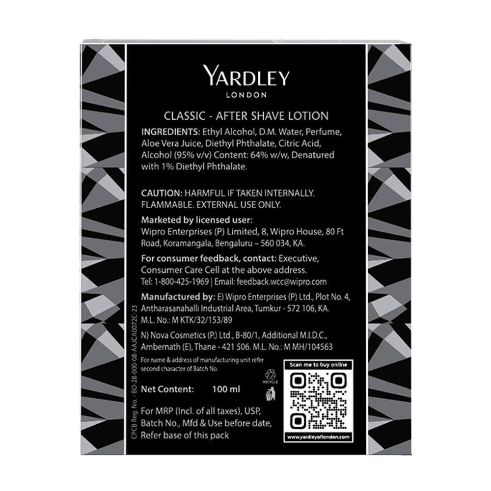 Yardley London Gentleman Classic After Shave Lotion 100ml with Aloe Vera