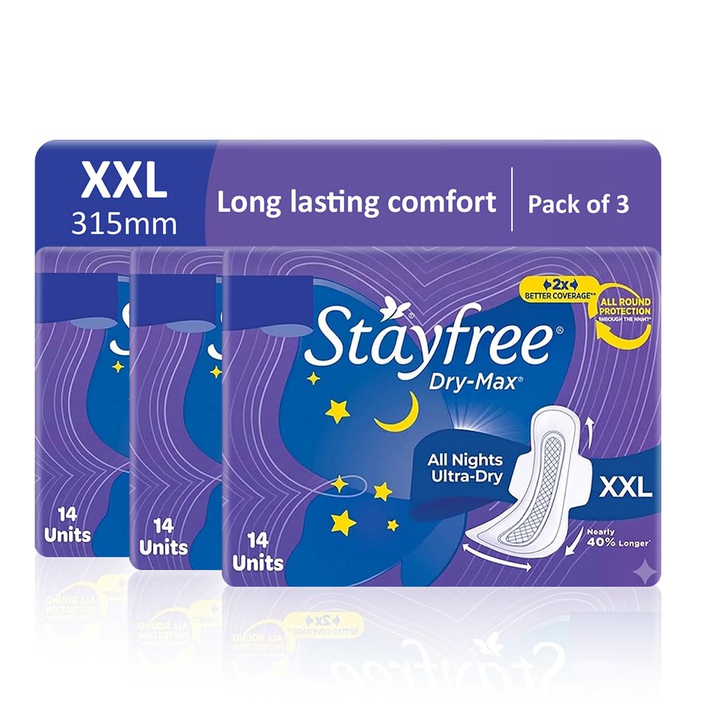 Stayfree Dry Max All Night Sanitary Pads – 42 Pads (Pack of 3 × 14) | Ultra‑Absorbent Overnight Protection | Extra Long | Comfortable Fit | Leak‑Lock Technology
