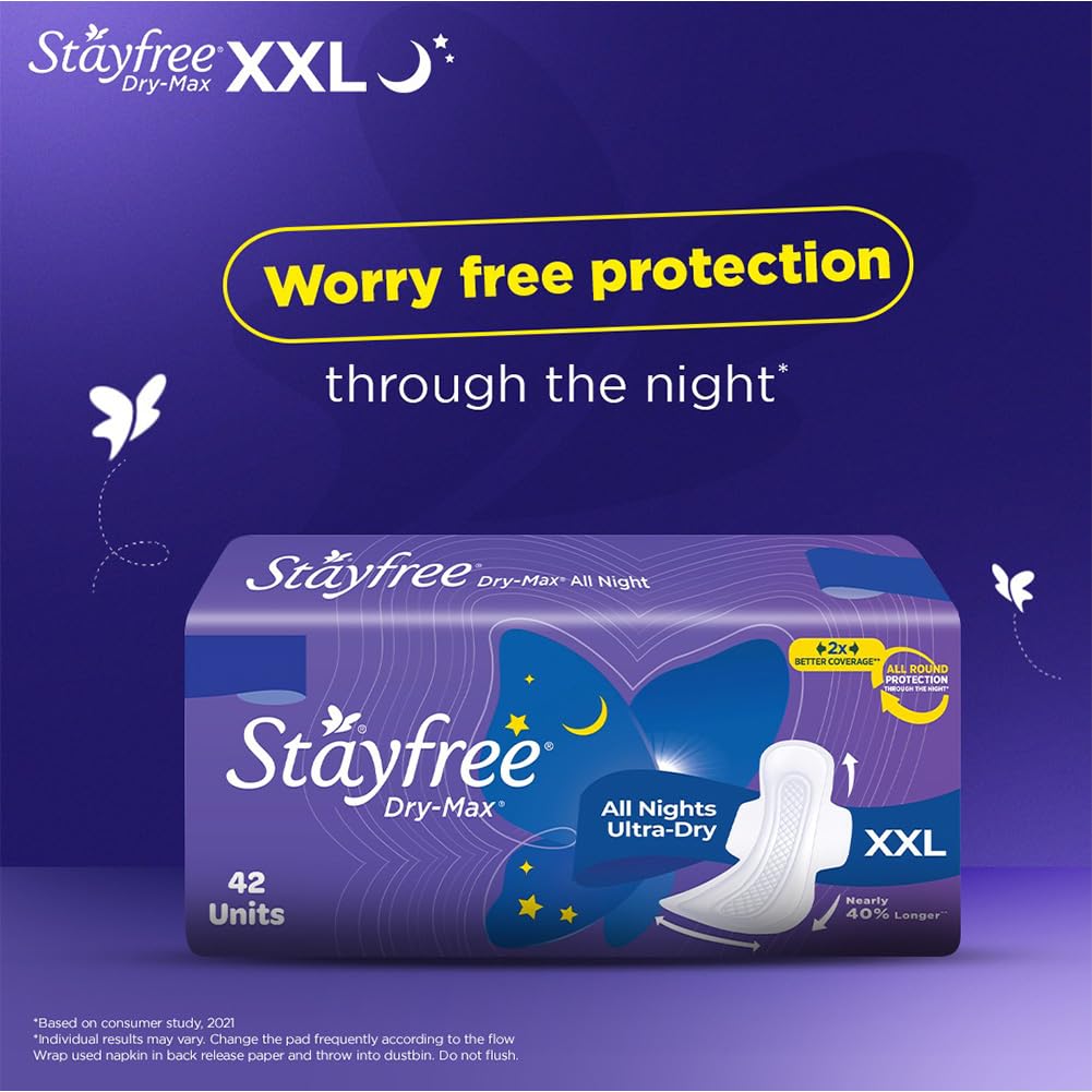 Stayfree Dry Max All Night XXL Sanitary Pads For Women | 42 Pads | Dry Cover | Provides Dry Feel for Up to 12 Hours | Super Lock Gel Pockets to Absorb Heavy Flow