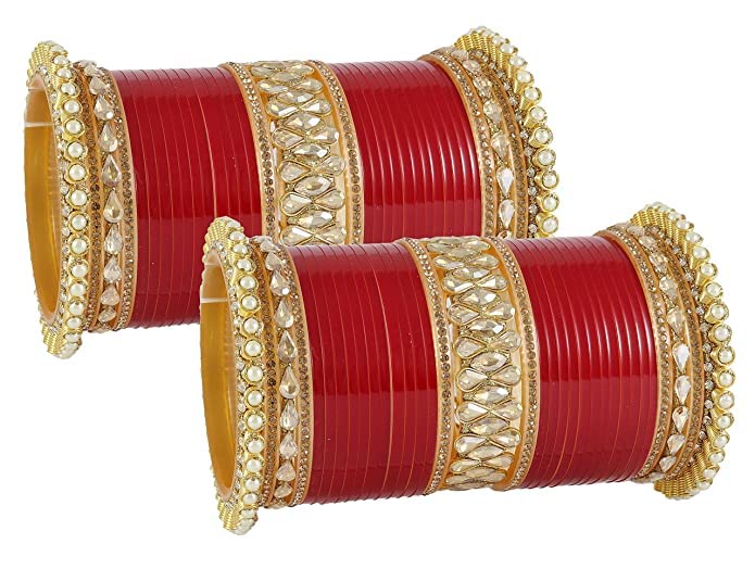 NMII Traditional Gold Plated Acrylic Bangles Bridal Chuda Set For Women & Girls with Zircon Diamond & Pearls Beads Work | Royal Wedding Chudas | Premium Look | Bangles For Wedding, Festive, Function