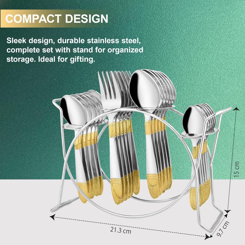 Parage 25 Pieces Ivory Gold Stainless Steel Cutlery Set with Stand (Contains: 6 Table Fork, 6 Table Spoon, 6 Dinner Spoon, 6 Tea Spoon, 1 Cutlery Stand) 24 Karat 24k Golden Plated Spoon Set (Ivory)