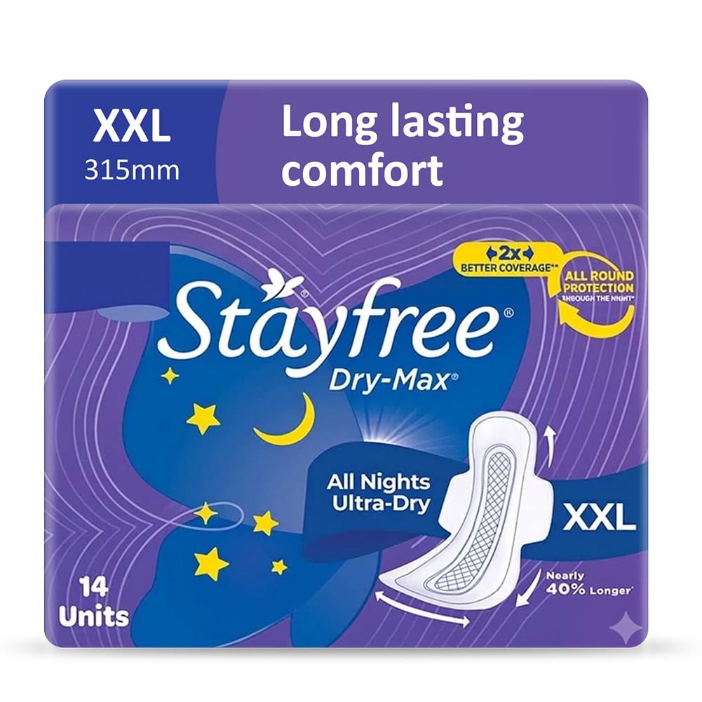 Stayfree Dry Max All Night XXL Sanitary Pads For Women | 14 Pads | Dry Cover | Provides Dry Feel for Up to 12 Hours | Super Lock Gel Pockets to Absorb Heavy Flow