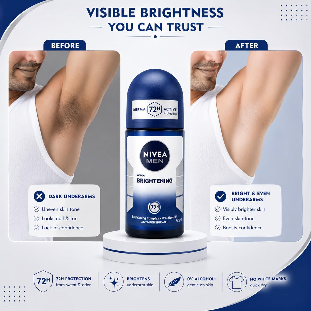 Nivea Men Brightening Complex Anti-Perspirant Roll On 50ml | 0% Alcohol Formula with 72H Sweat & Odor Protection | Brightening Underarm Care Deodorant for Men