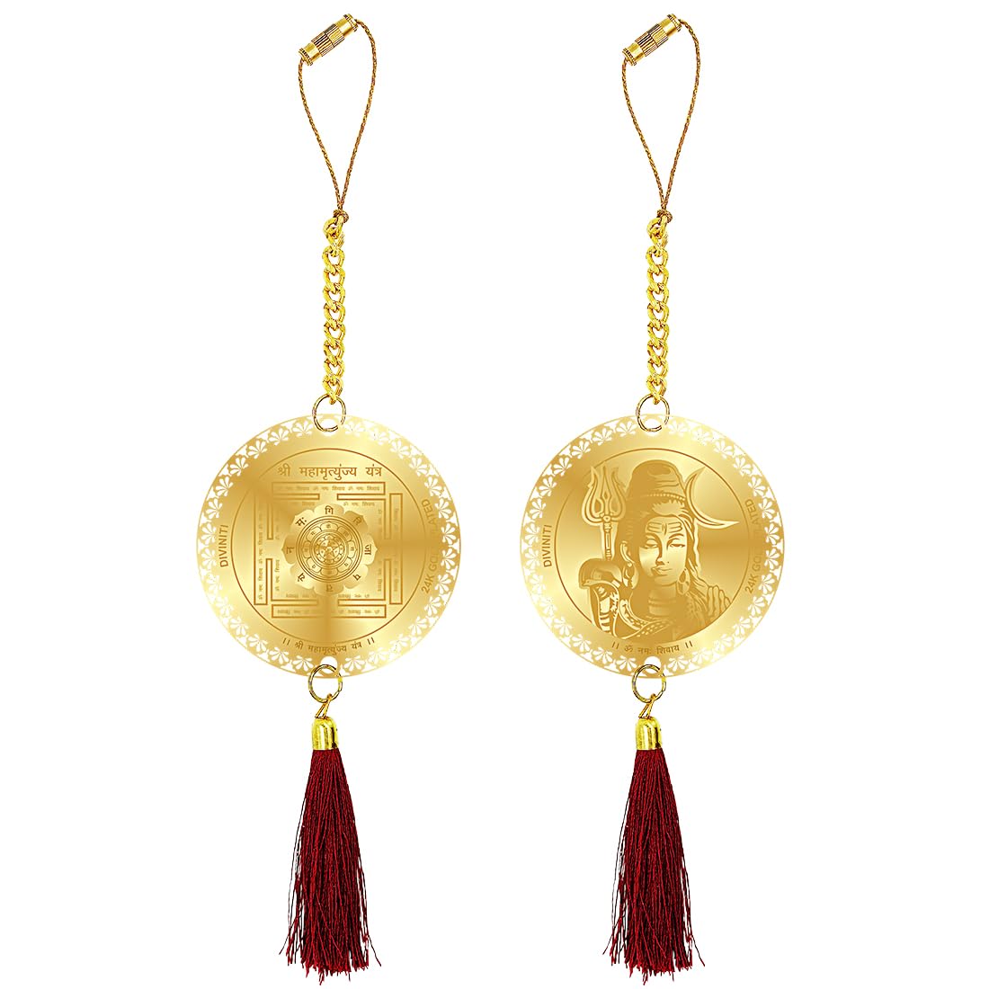 Diviniti 24K Gold Plated Double Sided Lord Shiva and Yantra Car Hanging Dangler|Mahadev Hanging New Car and New House Interior Decor Divine Car Accessories for Positive Energy Protection Safety