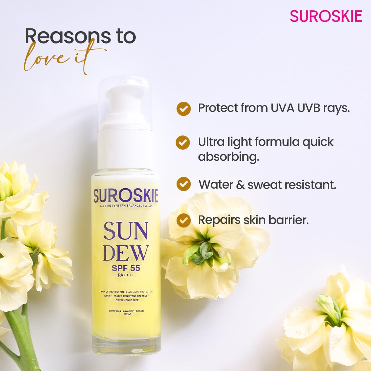 Suroskie Rose Glass Skin Mist & Sun Dew Sunscreen 55 Pa+ (100Ml + 50Gm) | Face Toner & Makeup Setting Spray For Glowing Skin | With Rose Water & Ceramides | Uva/B Sun Protection | For Men & Women