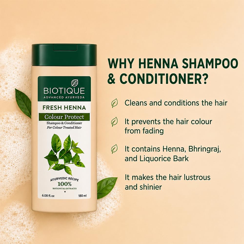 Biotique Fresh Henna Color Protect Shampoo & Conditioner | Gentle Care for Color-Treated Hair | Helps Maintain Hair Color, Strengthen & Nourish Hair | Henna & Botanical Extracts | 180ml