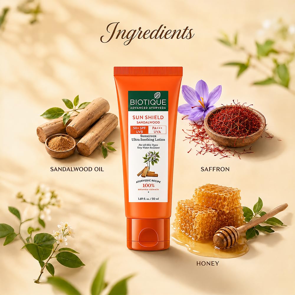 Biotique Bio Sandalwood Sunscreen Ultra Soothing Face Lotion, SPF 50+ |Ultra Protective Lotion| Keeps Skin Soft, Fair and Moisturized| Water Resistant| For All Skin Types| 50ml