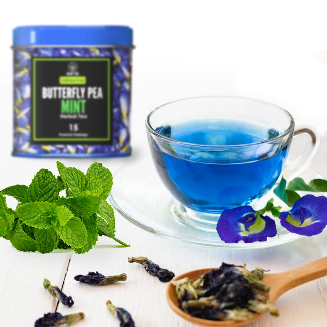 BLUE TEA - Butterfly Pea Mint Tea - 30 Tea Bags | REFRESHING BLEND | Aparajita - Shankhpushpi | Antioxidant - Flower Based - Herbal Tea - Caffeine-Free | Tin Pack