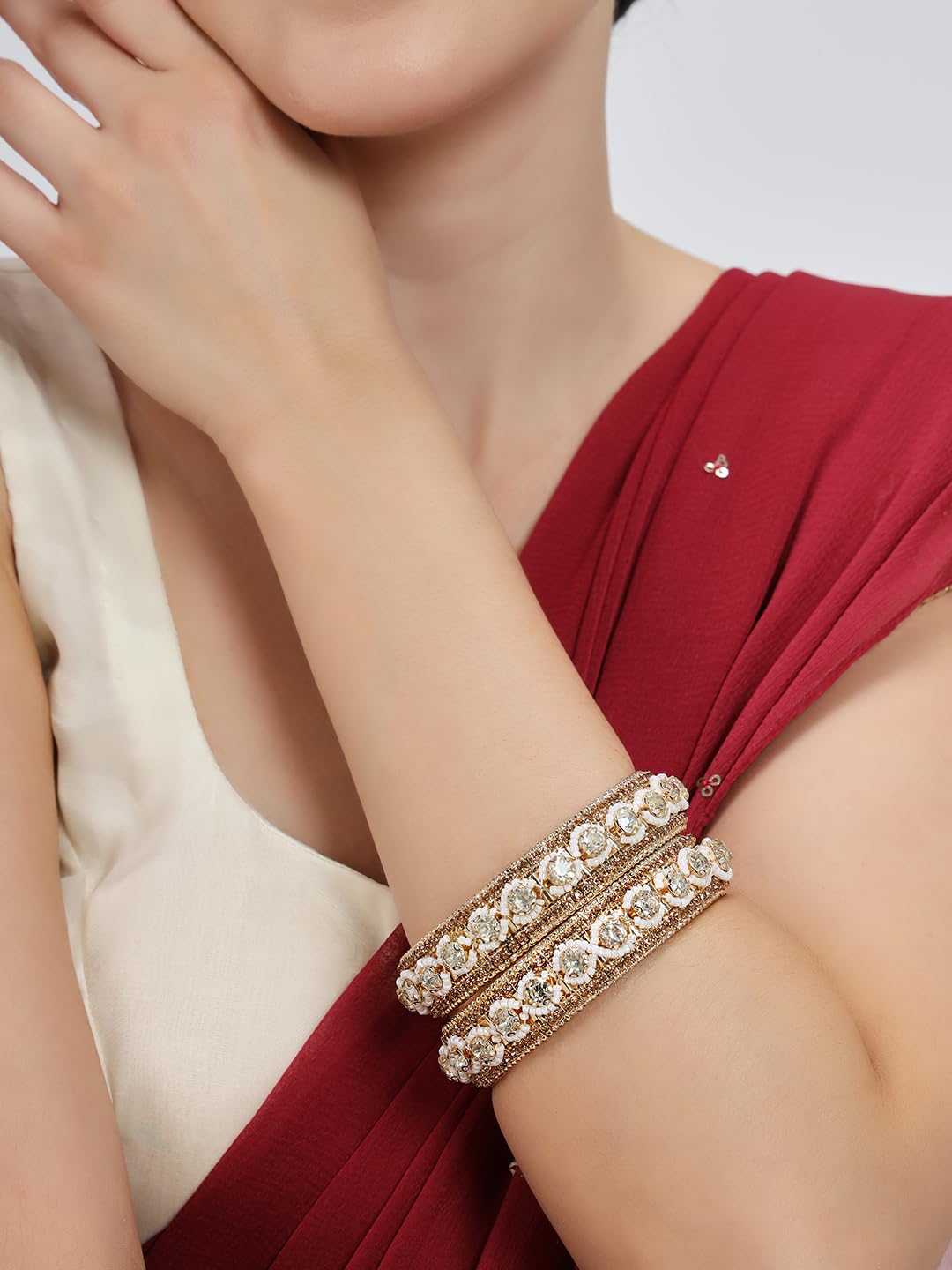 NMII Traditional Metal with Zircon Diamond & White Moti Pearls Bangles For Women & Girls | Designer Kangan Set | Girl's Bangles Bracelet | Stone Bangles | Women's Kada Fashion Jewellery- Set of 2