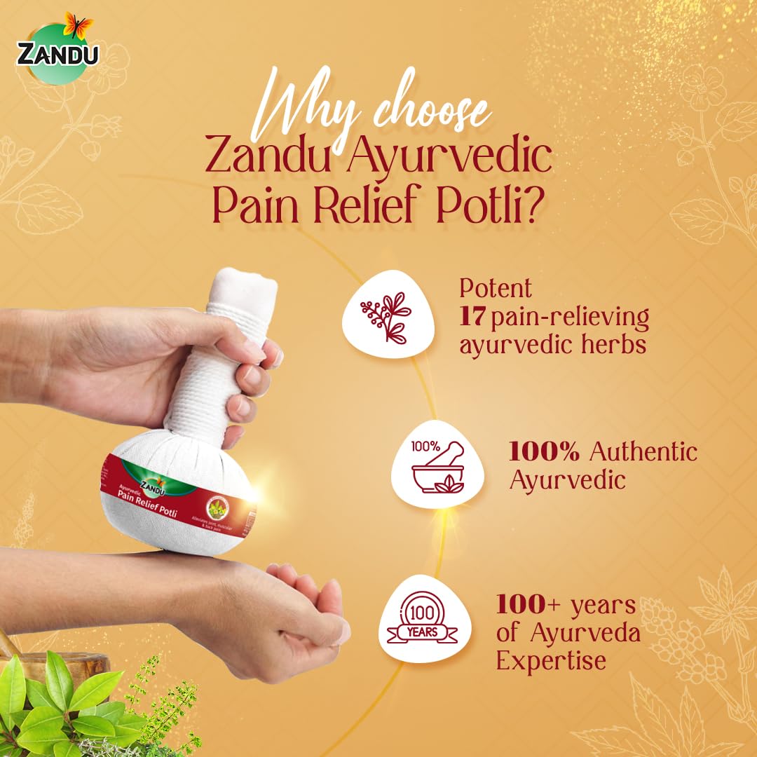 Zandu Ayurvedic Pain Relief Potli -180g |Manual Massager Potli | Alleviate Knee, Back, Neck & Leg Pain| Reduce Swelling | Improve Blood Flow with Pain Relief Potli | Blend of 17 Potent Ayurvedic Herbs