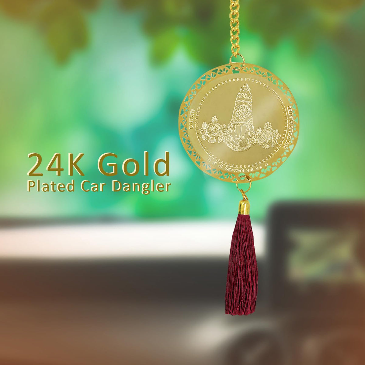 Diviniti 24K Gold Plated Double Sided Tirupati Balaji Car Dangler 6 CM Tirupati Hanging Car Decor Luxurious Dangler for Car Divine Car Accessories for Positive Energy & Protection