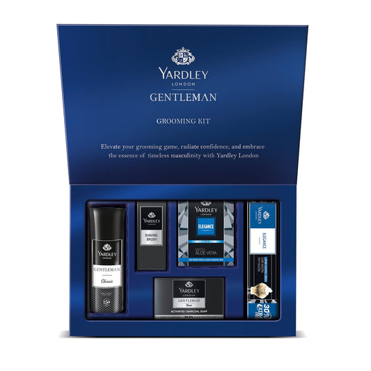 Yardley London Gentleman Luxury Grooming Kit For Men With Classic Activated Charcoal Soap, Elegance Lather Shaving Cream, After Shave Lotion, Shaving Brush, And Classic Body Deodorant Spray