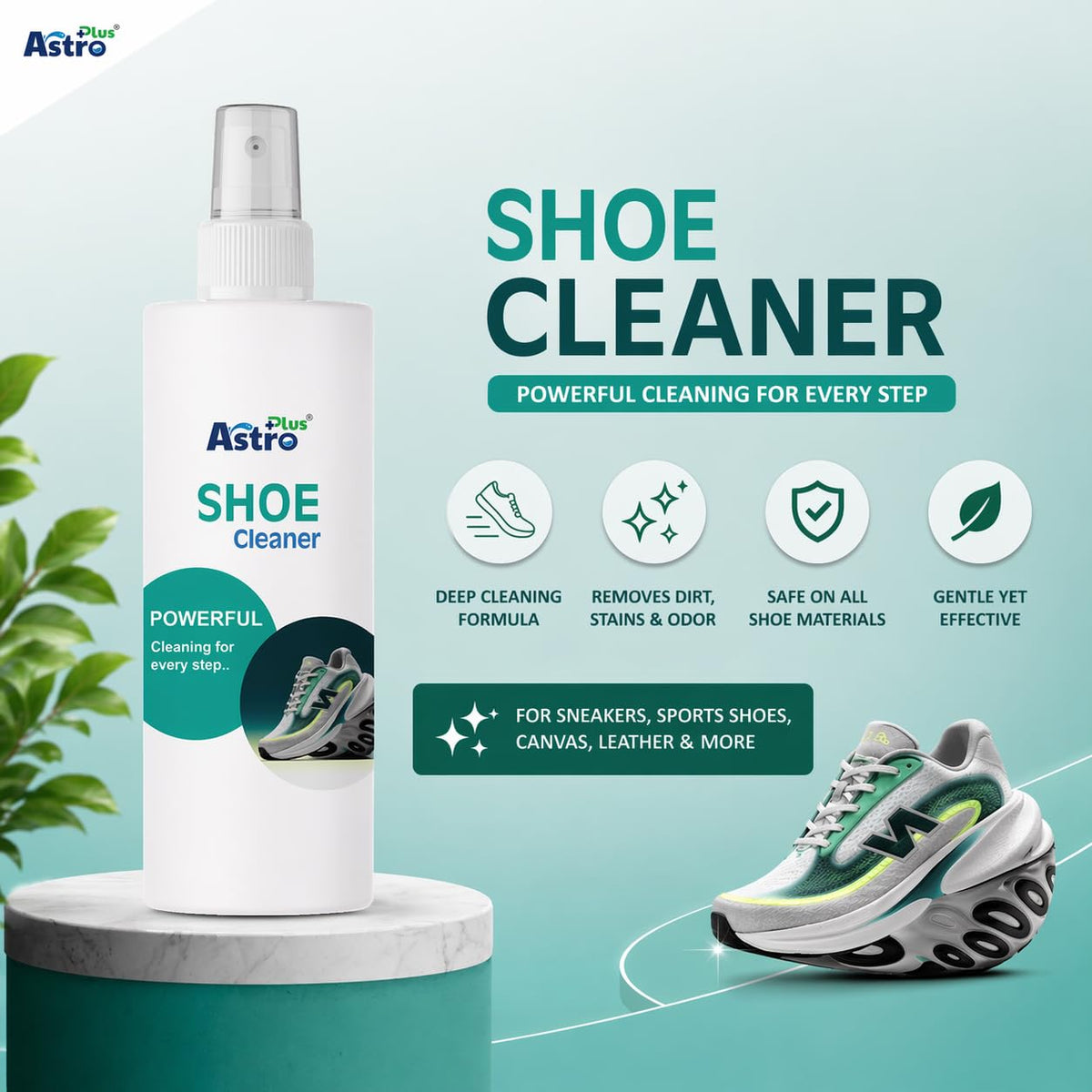 ASTRO PLUS + Shoe Cleaner 200ML | Powerful Deep Cleaning Spray for Sneakers, Leather, Canvas & Sports Shoes | Removes Dirt, Stains & Odor | Quick Dry, Non-Sticky, Safe on All Shoe