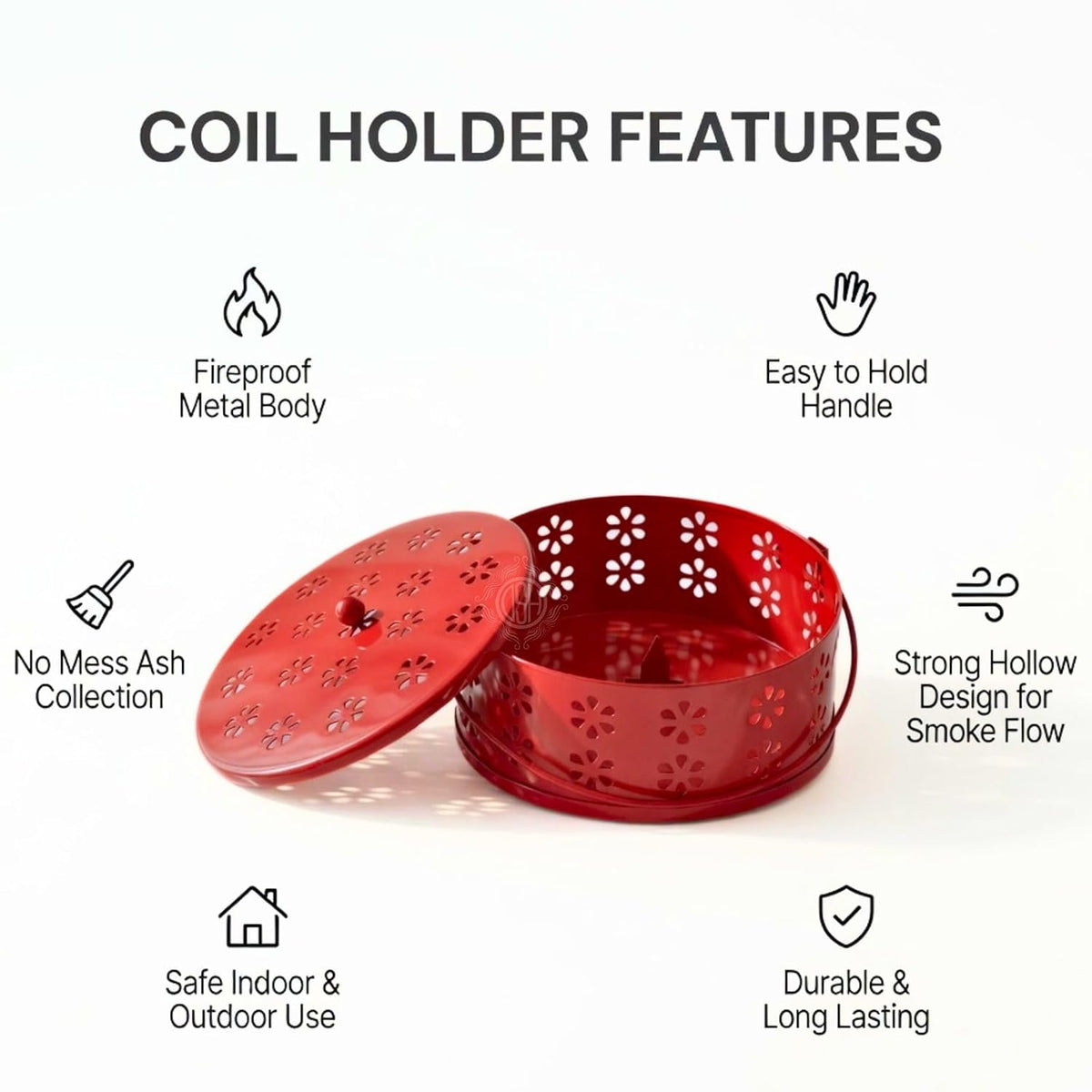 DSH Metal Mosquito Coil Holder with Lid & Handle Ash Catcher Stand for Mosquito Coil Indoor Outdoor Safe Use (Red)