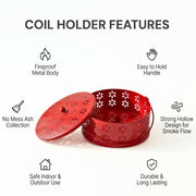 DSH Metal Mosquito Coil Holder with Lid & Handle Ash Catcher Stand for Mosquito Coil Indoor Outdoor Safe Use (Red)