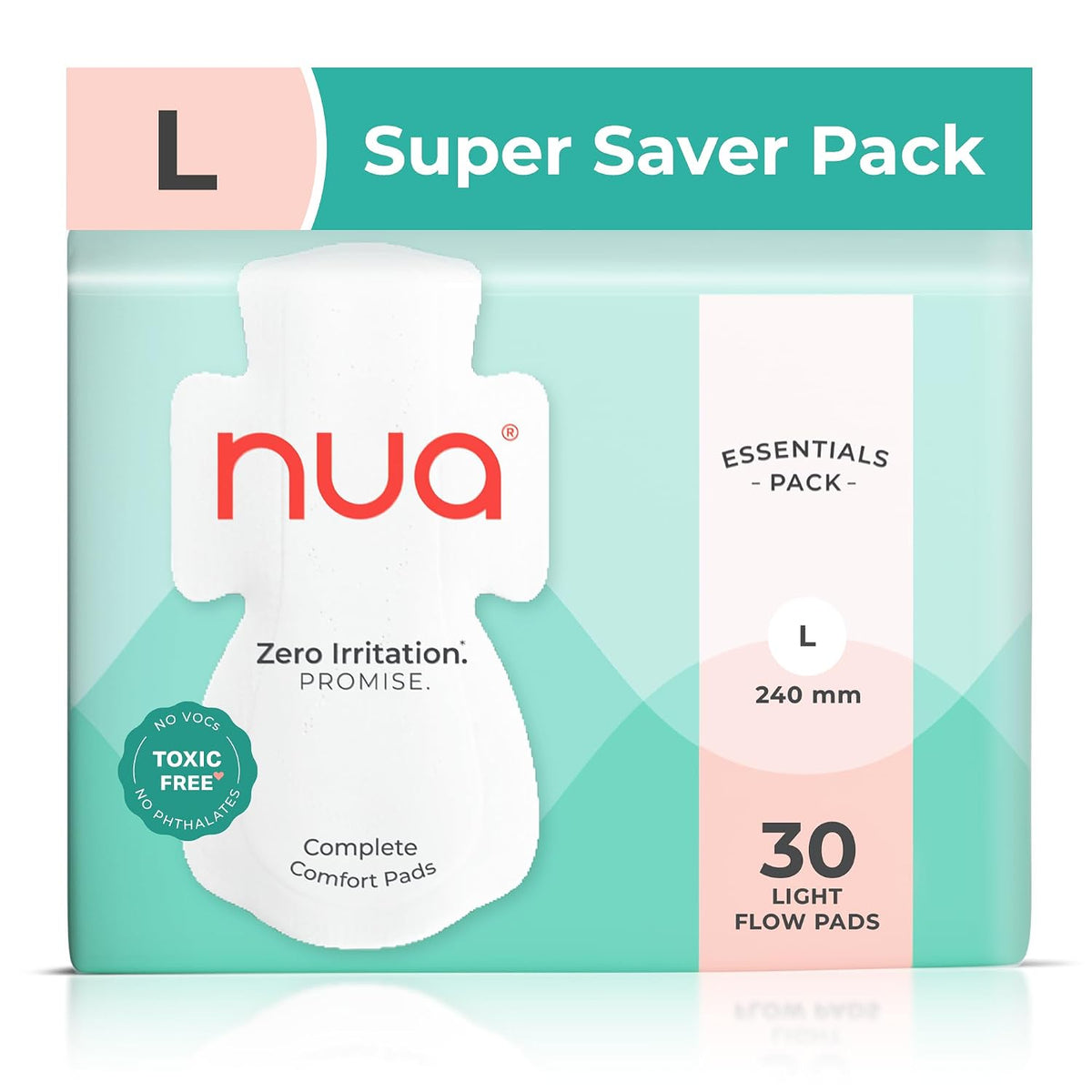 Nua Complete Comfort Sanitary Pads for Women L | Pack of 30 | Light Flow Pads | Super Saver | Zero Irritation Promise | Comfortable All-Day Protection | Ultra-Thin | Super Absorbent | No rashes | 50% Wider Back | 100% Toxic-Free, Dermatologically Tested | Essentials Pack