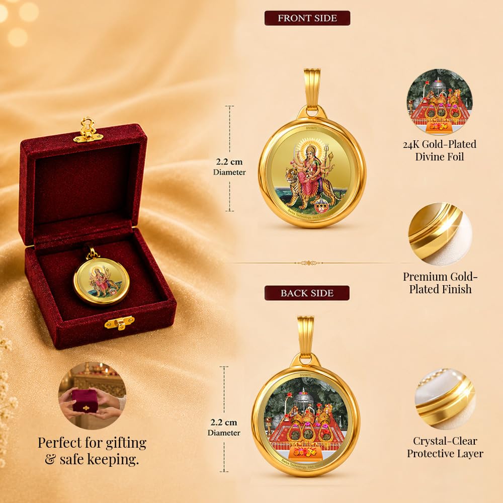DIVINITI 24K Gold Plated Double-Sided Religious Pendant with Premium Gift Box, Spiritual Locket for Men & Women, Devotional Jewellery for Gifting & Everyday Wear | Durga - Sherawali Mata With Pind & Mata Ka Darbar - CLR Pendant
