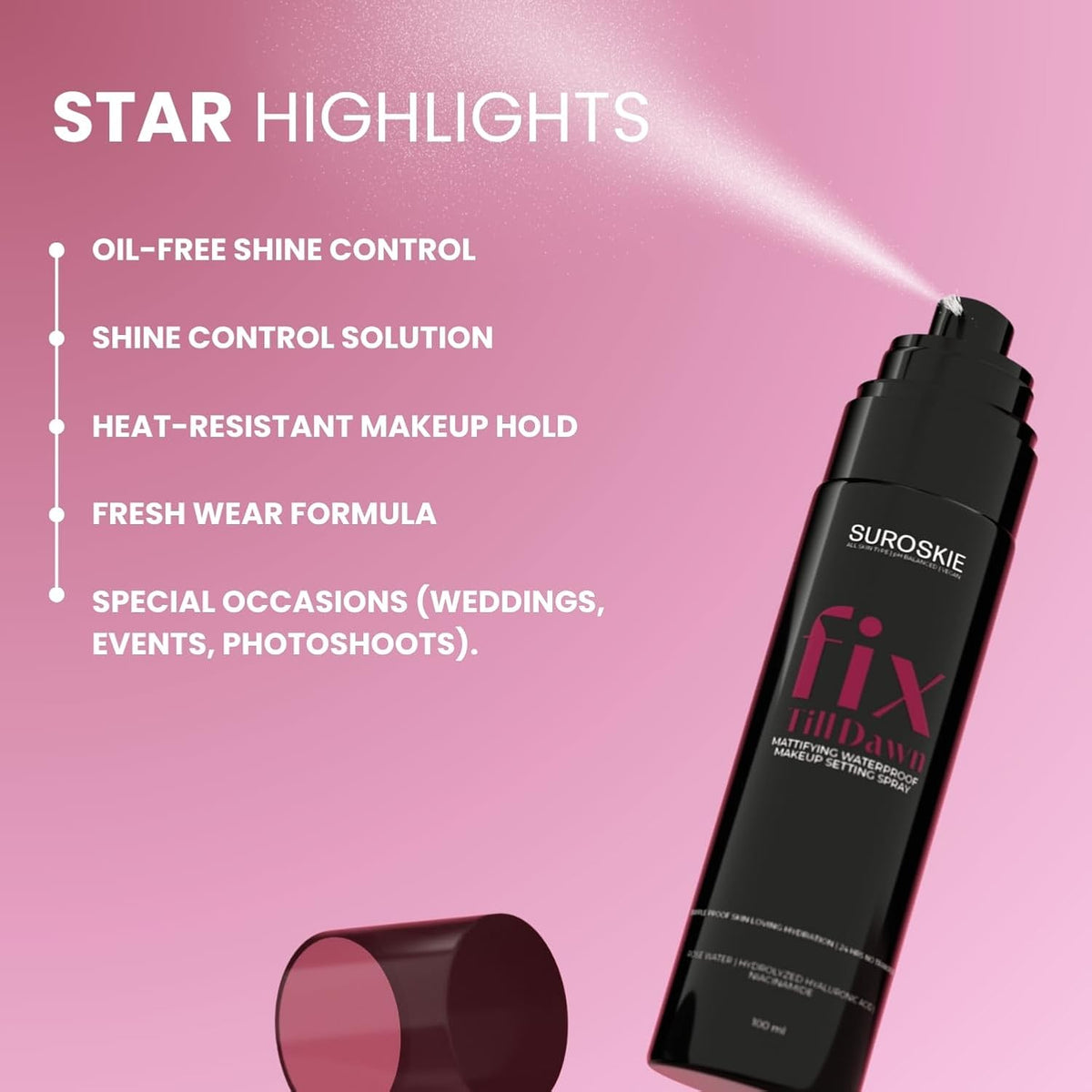 Suroskie Fix Till Dawn Makeup Fixer 100Ml | Long Lasting Makeup Setting Spray With Matte Finish | Niacinamide & Hyaluronic | Lasts Up To 15Hrs | Non Sticky, Quick Drying & Waterproof | All Skin Types