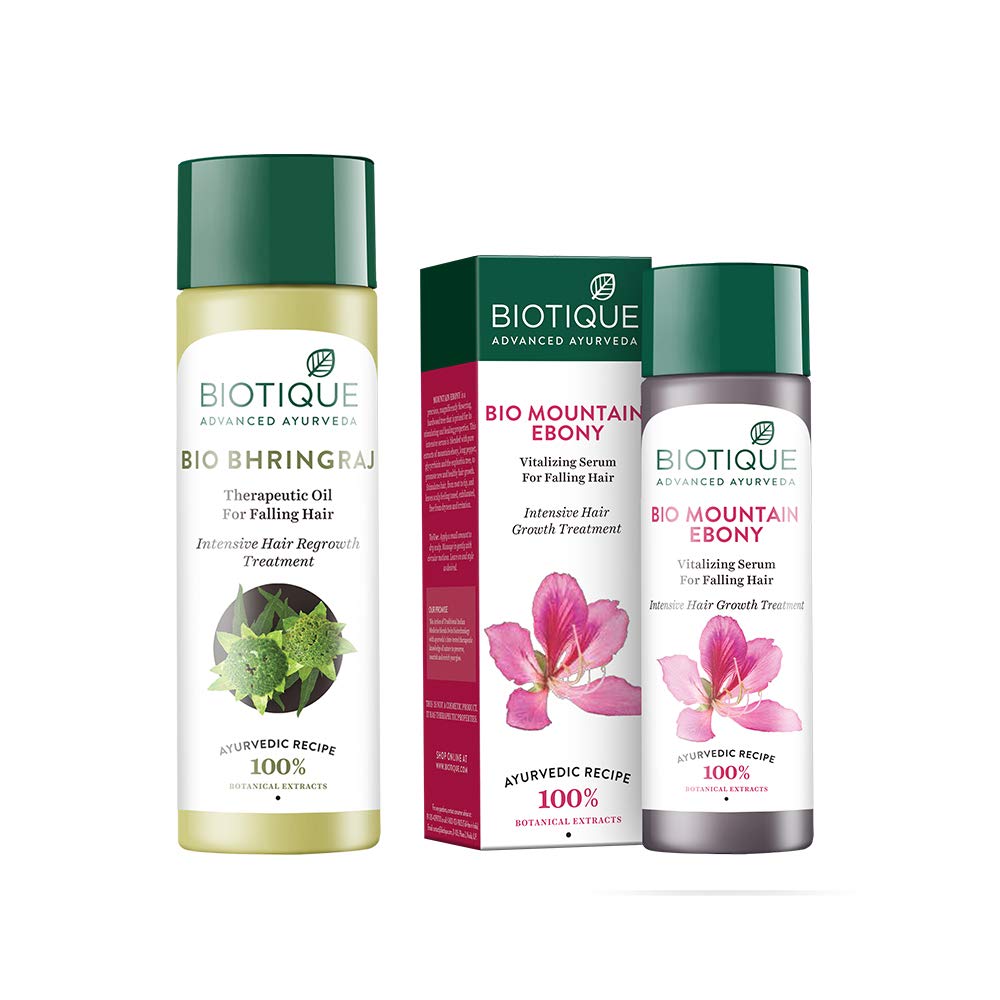 Biotique Bio Bhringraj Fresh Growth Therapeutic Oil, 200ml and Biotique Bio Mountain Ebony Vitalizing Serum For Falling Hair Intensive Hair Growth Treatment, 120ml (Pack of 2)