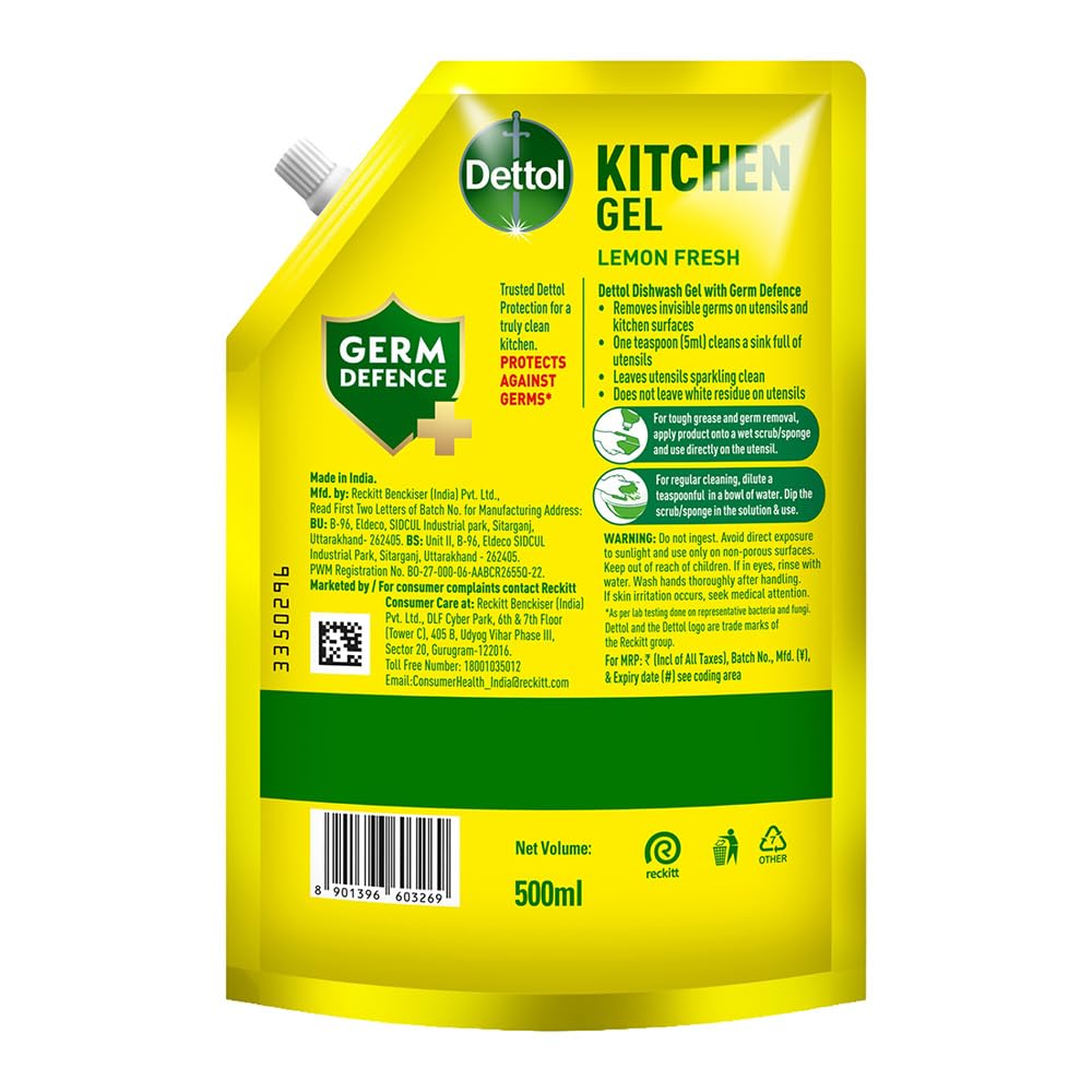 Dettol Dishwash liquid and Kitchen Gel | Cuts Tough Grease | Remove germs | Lemon Fragrance | 500ml (Refill Pack)