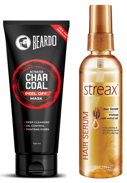 BEARDO Activated Charcoal Peel Off Mask, 100g (100gm) and Streax Hair Serum, 100ml