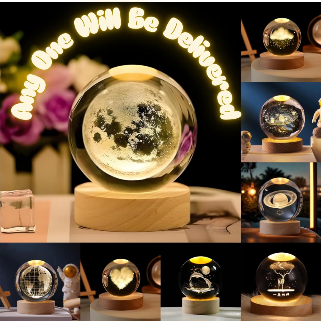 Toy Imagine 3D Crystal Ball Night Lamp, Moon & Galaxy Theme Bedroom Décor Light, Acrylic Sphere Decorative Small Lamp for Kids, Women & Gift Ideas, 24 Designs Assorted