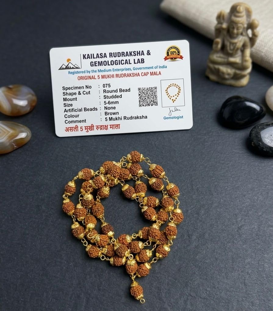 RUDRADIVINE 5 Mukhi Rudraksha Mala, Gold-Plated, 54 Beads, Brown, for Meditation, Yoga, Chanting and Prayer