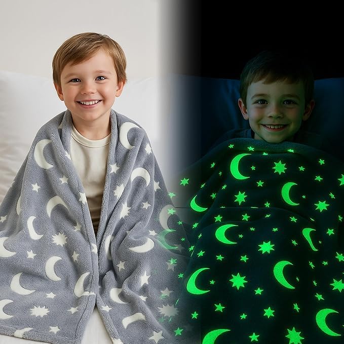 Toy Imagine Glow Blanket for Kids 3–10 Years 150 x 120 cm Glow in The Dark Blanket Soft Flannel Fleece Throw Soft Cozy Warm All Season Blankets for Boys and Girls Gift Grey