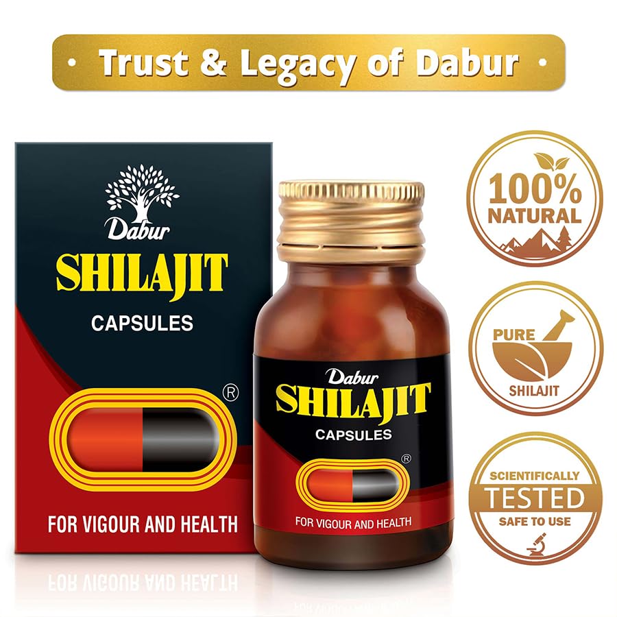Dabur Shilajit Ayurvedic Capsules - 30 capsules | Pure Shilajit with Antifatigue and Anti Inflammatory Benefits | For Vigour, Strength and Ayuvedic Health | Immunity Booster