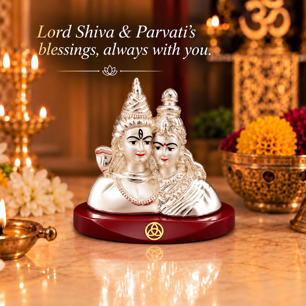 DIVINITI 999 Silver-Plated Shiv Parvati Idol | Shiva Parvati Murti for Home, Office & Pooja Mandir | Wedding, Diwali & Housewarming Gift with Premium Gift Box | 7.5 x 6 CM