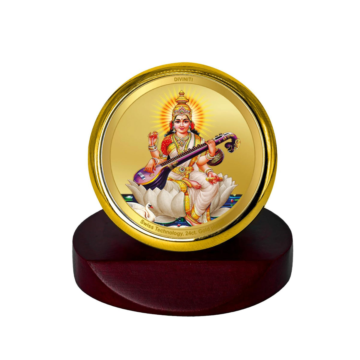 DIVINITI 24K Gold Plated Religious Car Dashboard Frame | Premium God Idol Frame for Car, Home Mandir & Office Table | Spiritual Gift, Decorative Showpiece | Saraswati Mata