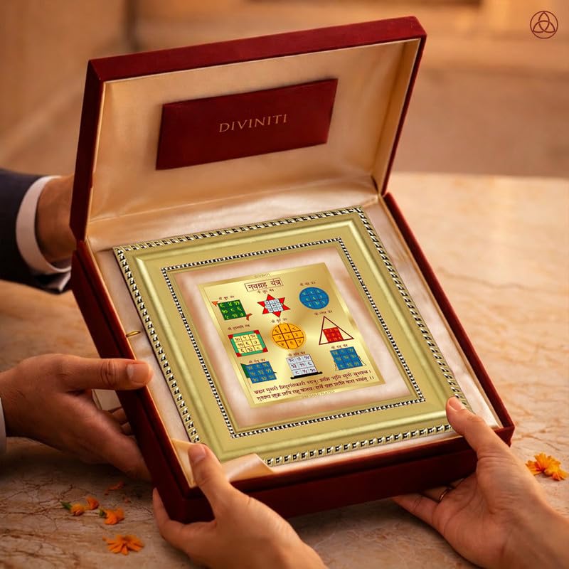 DIVINITI 24K Gold-Plated Navagraha Yantra Frame | Sacred Nine Planet Yantra for Harmony, Balance & Positivity | Home, Office & Pooja Decor | Premium Gift Box | 12 x 11 CM