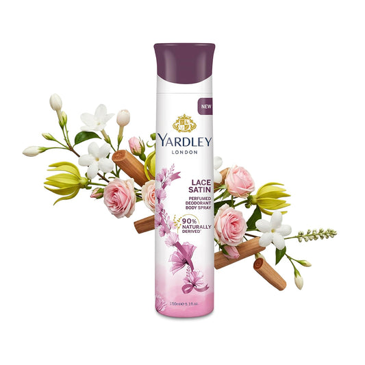Yardley London Lace Satin Perfumed Deodorant Body Spray| Fresh Floral Scent| 90% Naturally Derived| Deo Spray| Body Deodorant for Women| 150ml