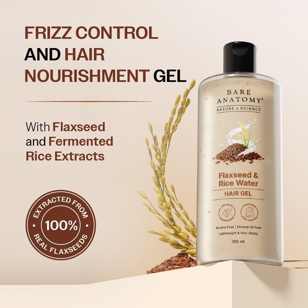 Bare Anatomy Nature x Science Flaxseed & Rice Water Hair Gel | Smoothes Hair & Controls Frizz | Lightweight, Non-Sticky & Non-Crunchy Formula | Enhances Natural Hair Texture & Shine | 300ml