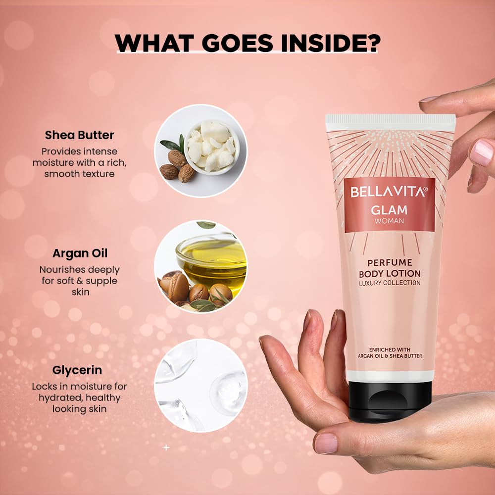 Bella Vita Luxury Glam Woman Perfume Body Lotion for Nourishing, Hydrating, Soft, Supple,Healthy Skin with Argan Oil and Shea Butter 200 Ml